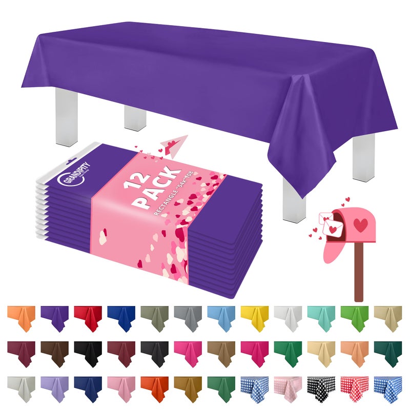 Grandipity 12 Pack Premium Disposable Plastic Tablecloth 54 Inch. x 108 Inch. Decorative Rectangle Table Cover - Purple - Image 1